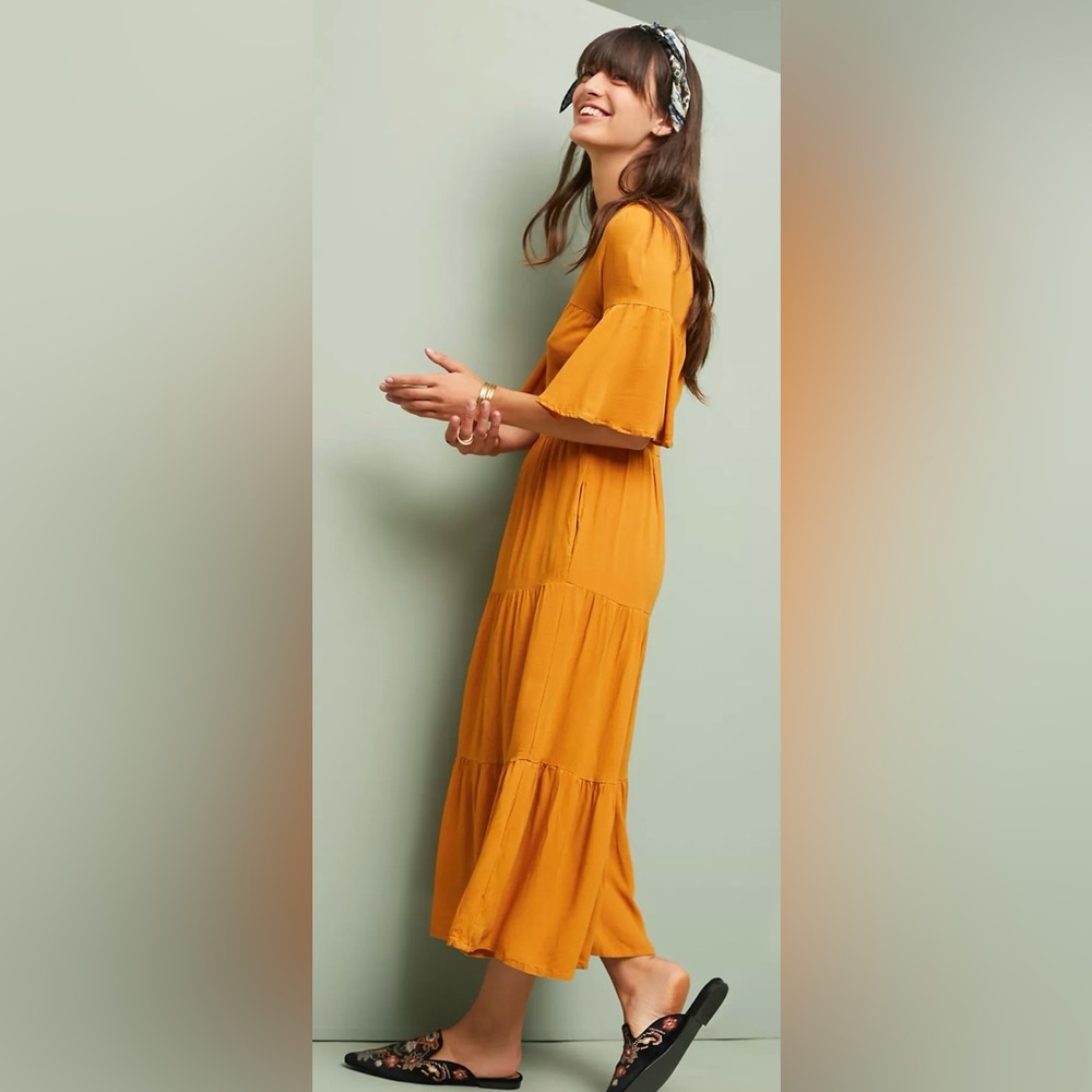 Anthropologie Faithful the Brand‎ maxi tiered dress orange yellow Thanksgiving 6